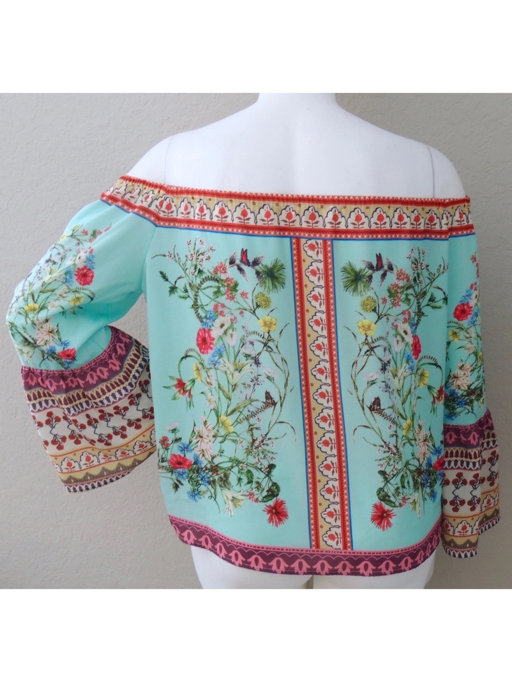 Bungee Turquoise Floral Boho Peasant Top - Picture 2 of 4
